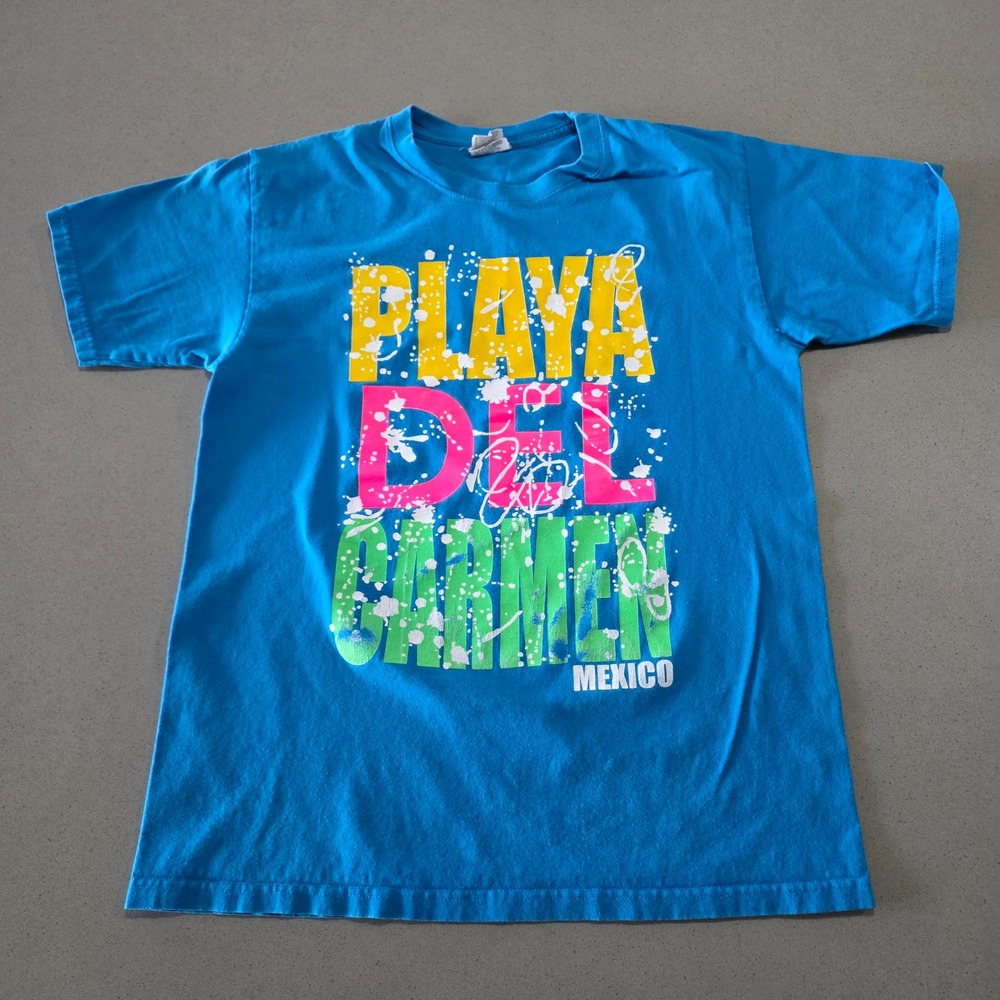 Vintage Reef Playa Del Carmen Mexico Graphic T-Shirt Blue Neon Mens‎ Medium